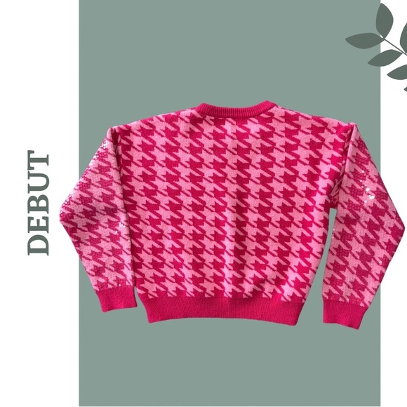 Debut Pink Houndstooth Sequin Women's Crew Neck Pullover Sweater Size Large - Picture 2 of 5